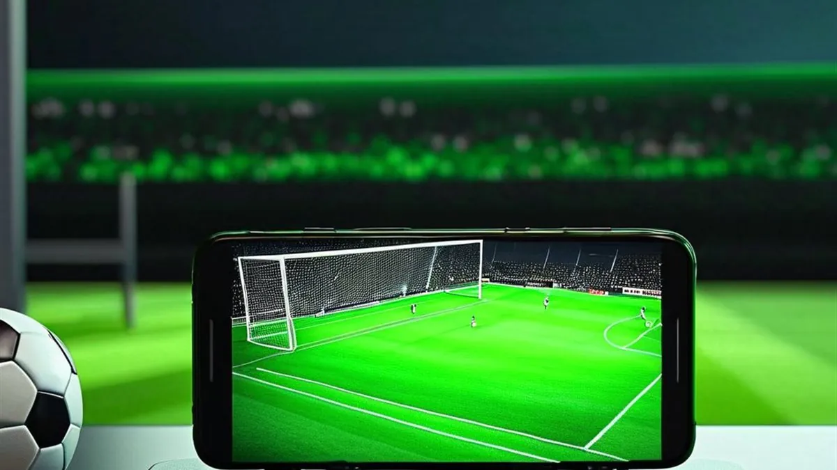 Celular transmitiendo un partido de futbol frente a un estadio iluminado con un balón