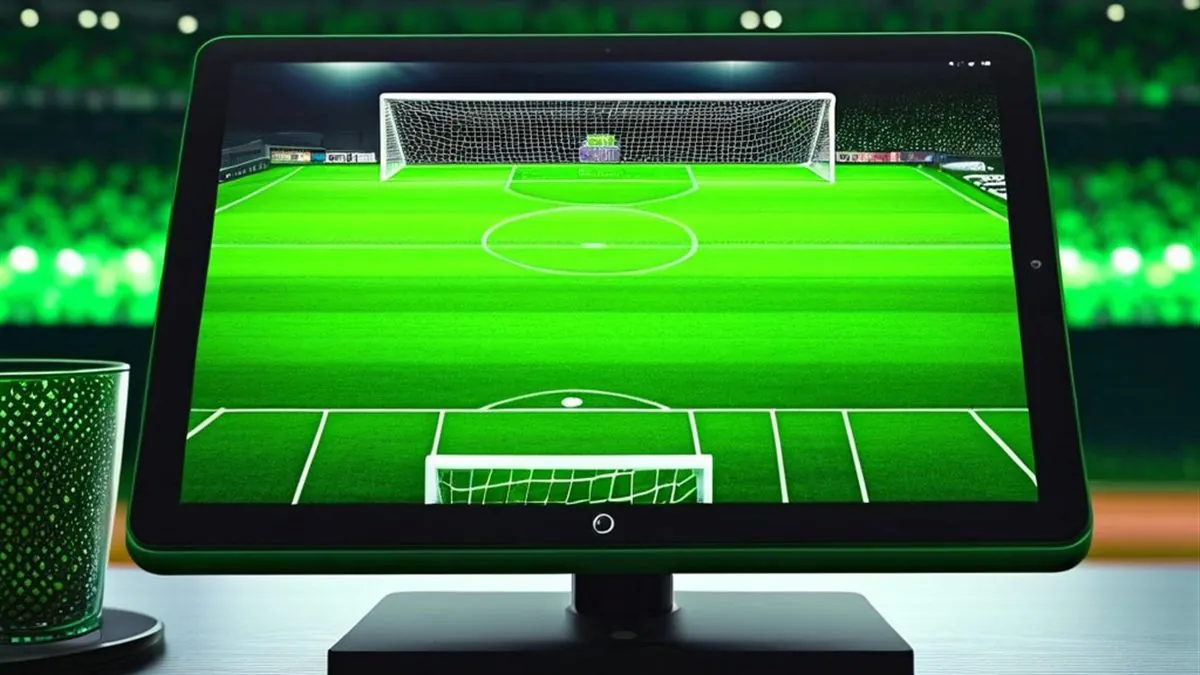 Tablet con una cancha de futbol y una portería en pantalla frente a un estadio iluminado